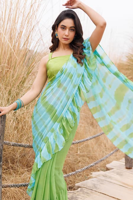 Buy_Geroo Jaipur_Blue Chiffon Ruffle Pre-stitched Saree And Blouse Piece _Online_at_Aza_Fashions