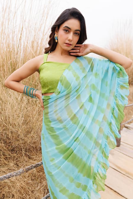 Shop_Geroo Jaipur_Blue Chiffon Ruffle Pre-stitched Saree And Blouse Piece _Online_at_Aza_Fashions
