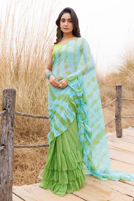 Geroo Jaipur Ruffle Pre-Stitched Saree With Unstitched Blouse Piece 