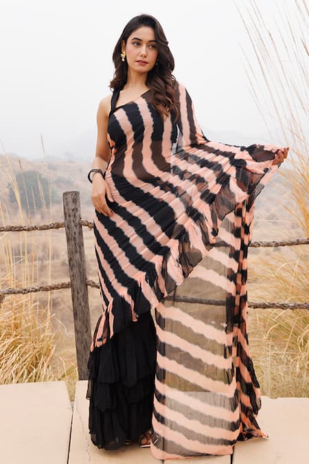 Geroo Jaipur_Black Chiffon Leheriya Pre-stitched Saree And Blouse Piece _Online_at_Aza_Fashions