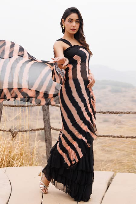 Shop_Geroo Jaipur_Black Chiffon Leheriya Pre-stitched Saree And Blouse Piece _Online_at_Aza_Fashions