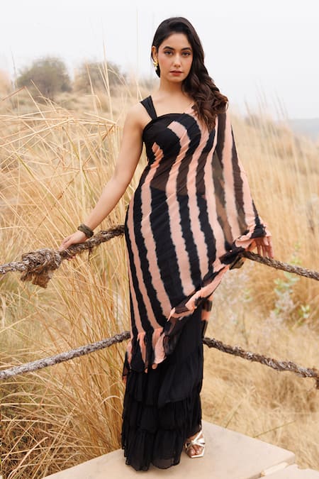 Geroo Jaipur_Black Chiffon Leheriya Pre-stitched Saree And Blouse Piece _at_Aza_Fashions