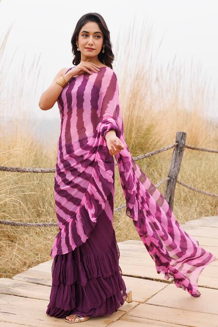 Geroo Jaipur_Wine Chiffon Leheriya Pre-stitched Saree And Blouse Piece _Online_at_Aza_Fashions