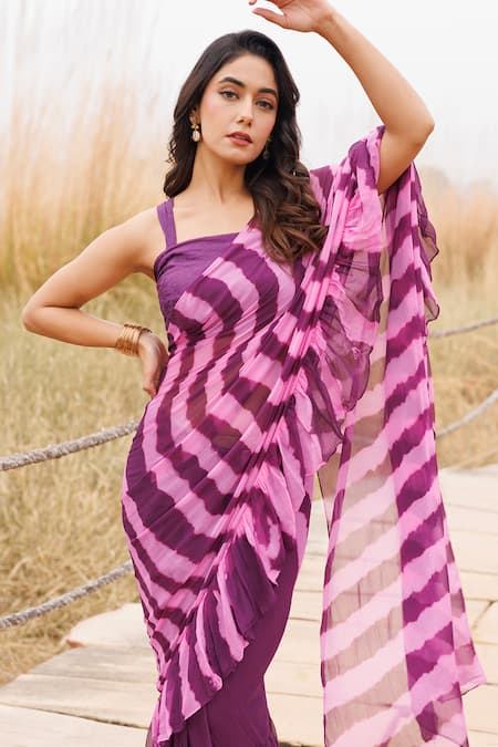 Shop_Geroo Jaipur_Wine Chiffon Leheriya Pre-stitched Saree And Blouse Piece _Online_at_Aza_Fashions