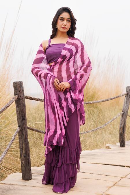 Buy_Geroo Jaipur_Wine Chiffon Leheriya Pre-stitched Saree And Blouse Piece 