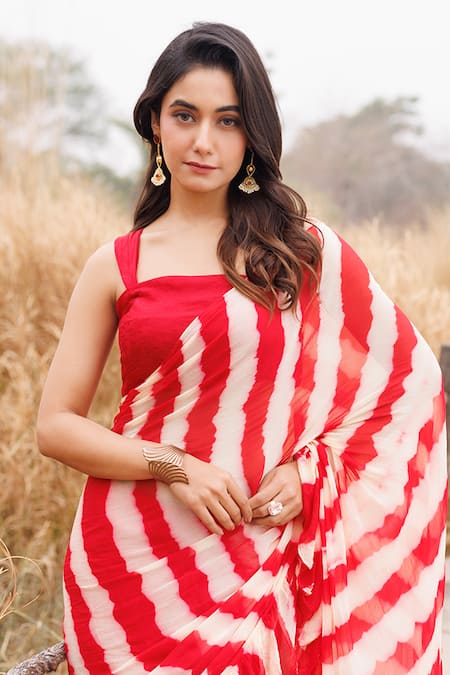 Buy_Geroo Jaipur_Red Chiffon Leheriya Pre-stitched Saree With Blouse Piece 