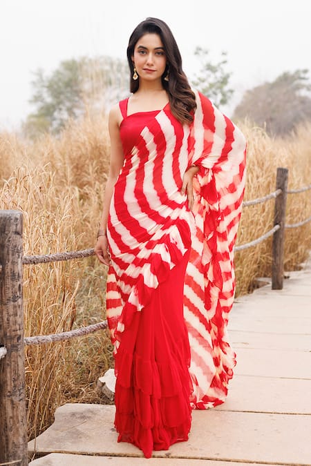 Geroo Jaipur Stripe Pattern Pre-Stitched Saree With Unstitched Blouse Piece 