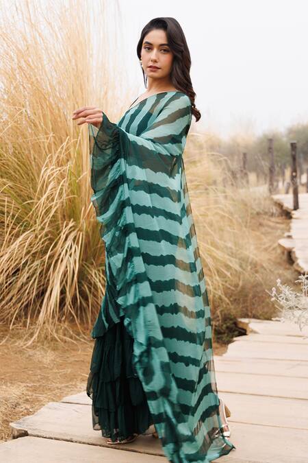 Geroo Jaipur Green Chiffon Ruffle Bordered Pre-stitched Saree And Blouse Piece Online at Aza Fashions Geroo Jaipur_Green Chiffon Ruffle Bordered Pre-stitched Saree And Blouse Piece _Online_at_Aza_Fashions