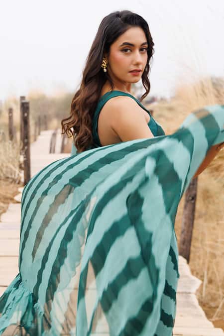 Shop Geroo Jaipur Green Chiffon Ruffle Bordered Pre-stitched Saree And Blouse Piece Online at Aza Fashions Shop_Geroo Jaipur_Green Chiffon Ruffle Bordered Pre-stitched Saree And Blouse Piece _Online_at_Aza_Fashions