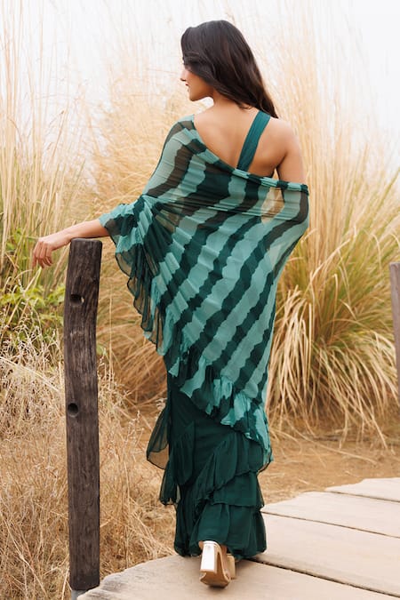 Geroo Jaipur Ruffle Bordered Pre-Stitched Saree & Unstitched Blouse Piece