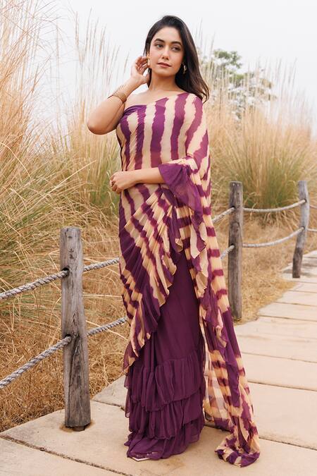 Buy_Geroo Jaipur_Wine Chiffon Ruffles Leheriya Pre-stitched Saree _Online_at_Aza_Fashions