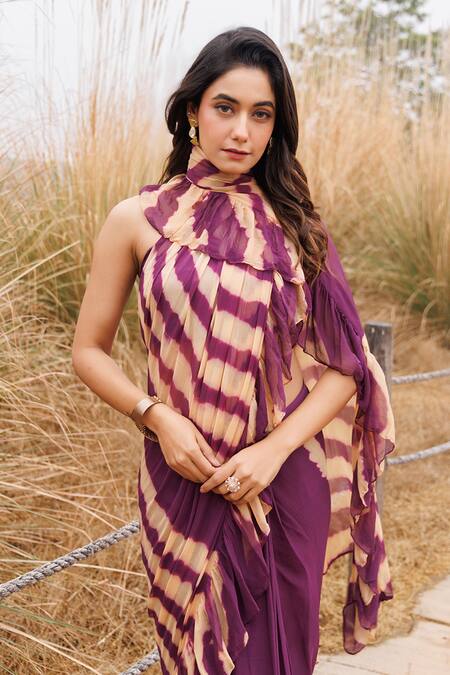 Shop_Geroo Jaipur_Wine Chiffon Ruffles Leheriya Pre-stitched Saree _Online_at_Aza_Fashions