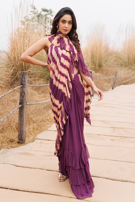 Geroo Jaipur_Wine Chiffon Ruffles Leheriya Pre-stitched Saree _at_Aza_Fashions