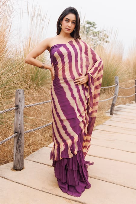 Geroo Jaipur Stripe Pattern Stitched Saree With Unstitched Blouse Piece 