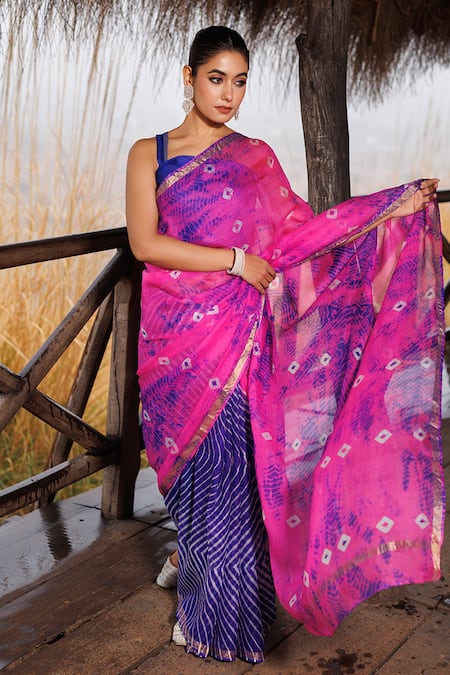 Geroo Jaipur_Blue Kota Doria Embroidery Round Bandhani Woven Saree With Unstitched Blouse_Online_at_Aza_Fashions