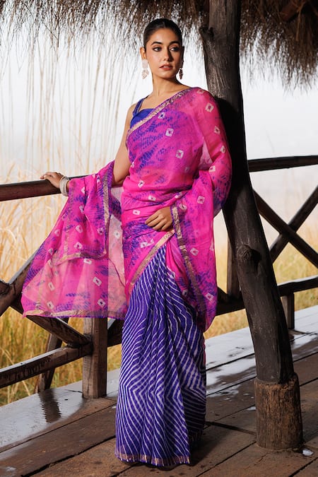 Buy_Geroo Jaipur_Blue Kota Doria Embroidery Round Bandhani Woven Saree With Unstitched Blouse_Online_at_Aza_Fashions