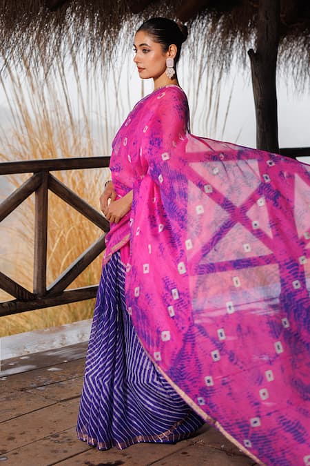 Shop_Geroo Jaipur_Blue Kota Doria Embroidery Round Bandhani Woven Saree With Unstitched Blouse_Online_at_Aza_Fashions