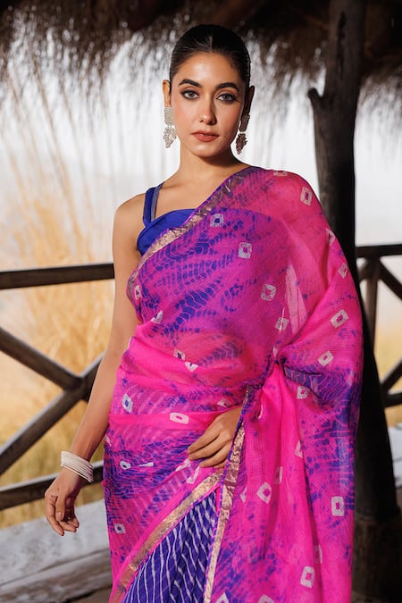 Geroo Jaipur_Blue Kota Doria Embroidery Round Bandhani Woven Saree With Unstitched Blouse_at_Aza_Fashions