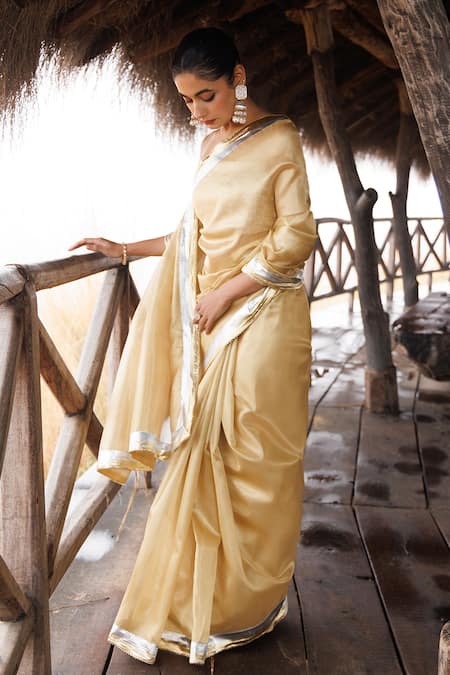 Geroo Jaipur Beige Tissue Gota Patti Round Neck Lace Woven Saree Set Online at Aza Fashions Geroo Jaipur_Beige Tissue Gota Patti Round Neck Lace Woven Saree Set _Online_at_Aza_Fashions