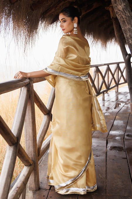 Geroo Jaipur Beige Gota Lace Woven Saree Set