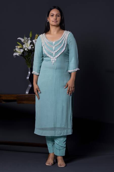 Shweta Dabas_Blue Crepe, Georgette Pearls, Lace Round Neck Dewdrop Embellished Kurta Pant Set _Online_at_Aza_Fashions