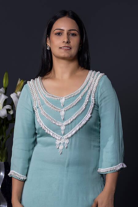 Buy_Shweta Dabas_Blue Crepe, Georgette Pearls, Lace Round Neck Dewdrop Embellished Kurta Pant Set _Online_at_Aza_Fashions
