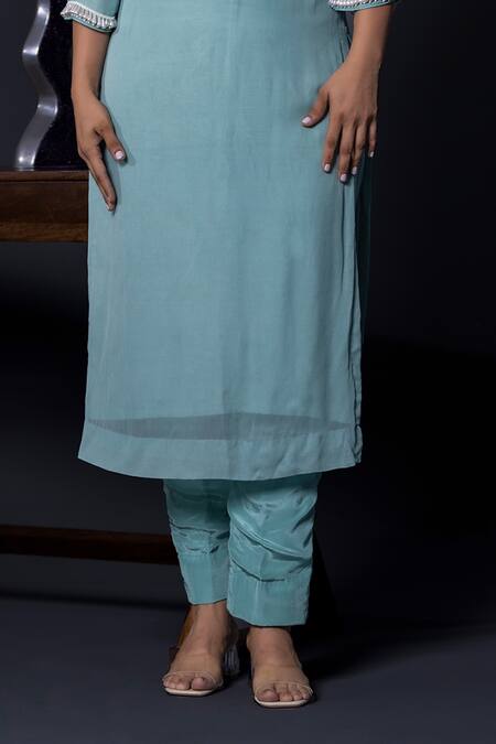 Shop_Shweta Dabas_Blue Crepe, Georgette Pearls, Lace Round Neck Dewdrop Embellished Kurta Pant Set _Online_at_Aza_Fashions