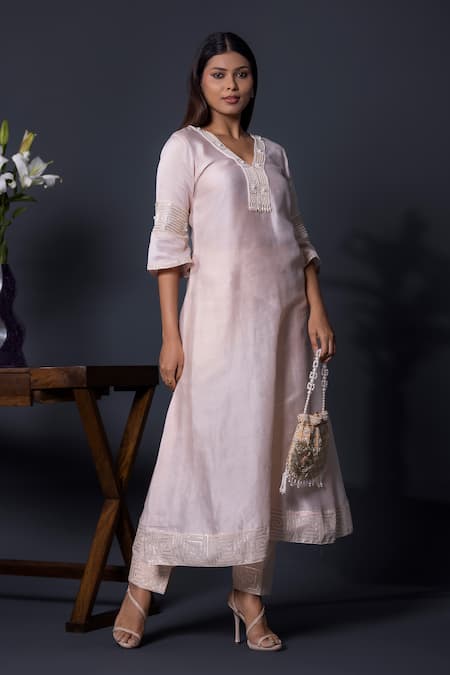 Shweta Dabas_Peach Silk Organza, Muslin Pearls, Sequins, Crystals, And Anarkali Set _Online_at_Aza_Fashions