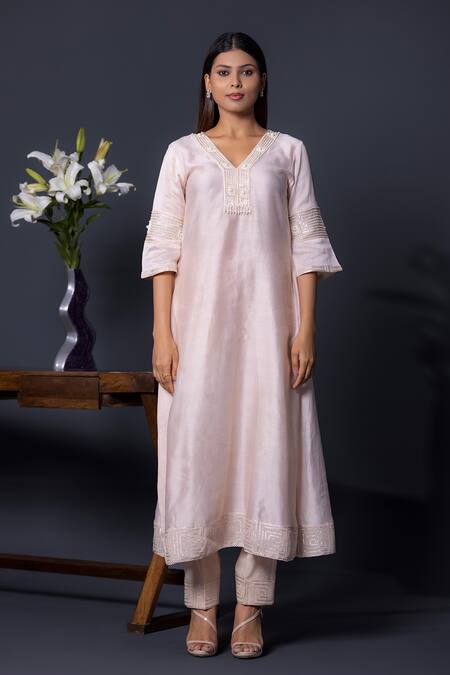 Buy_Shweta Dabas_Peach Silk Organza, Muslin Pearls, Sequins, Crystals, And Anarkali Set _Online_at_Aza_Fashions