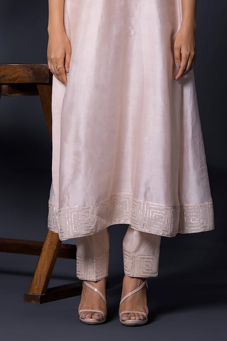 Shop_Shweta Dabas_Peach Silk Organza, Muslin Pearls, Sequins, Crystals, And Anarkali Set _Online_at_Aza_Fashions