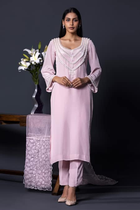 Shweta Dabas_Lilac Crepe, Silk Organza Pearls Collared Dewdrop A-line Kurta Pant Set _Online_at_Aza_Fashions
