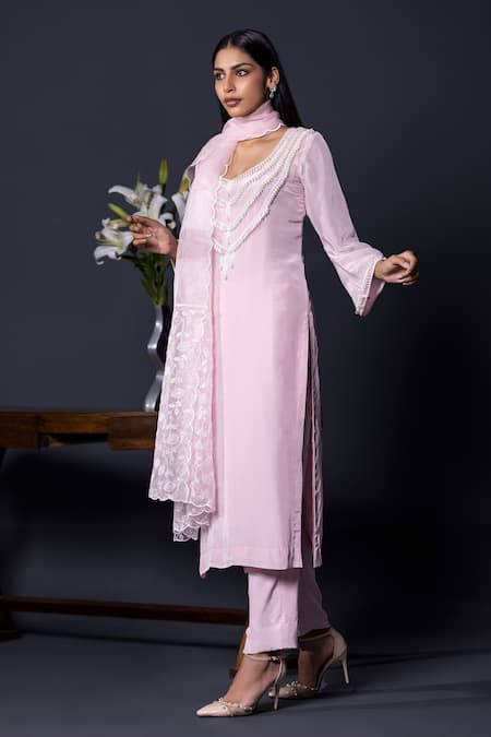 Shop_Shweta Dabas_Lilac Crepe, Silk Organza Pearls Collared Dewdrop A-line Kurta Pant Set _Online_at_Aza_Fashions