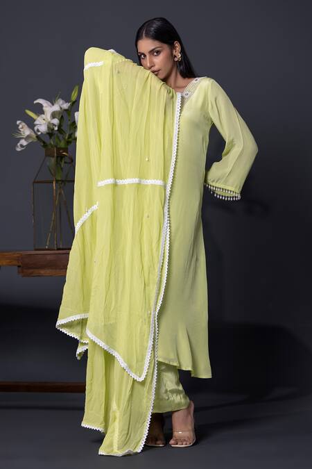 Shop_Shweta Dabas_Green Organza, Crepe Pearls, Crystals V-neck Embellished Anarkali Set _Online_at_Aza_Fashions