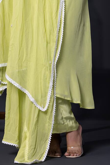 Shweta Dabas_Green Organza, Crepe Pearls, Crystals V-neck Embellished Anarkali Set _at_Aza_Fashions