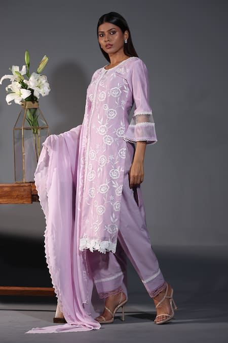 Buy_Shweta Dabas_Purple Cotton, , Silk, Chiffon Embroidery, Lace Rose Kurta Set _Online_at_Aza_Fashions