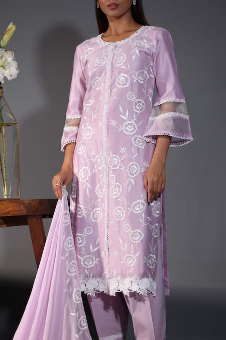 Shop_Shweta Dabas_Purple Cotton, , Silk, Chiffon Embroidery, Lace Rose Kurta Set _Online_at_Aza_Fashions