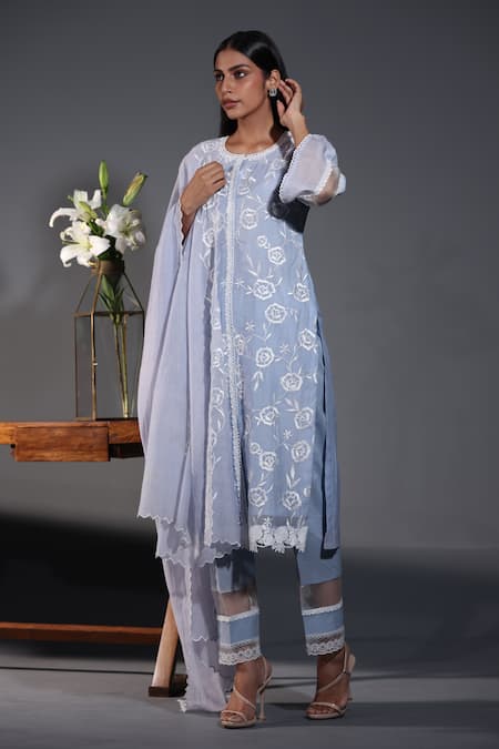Shweta Dabas_Blue Cotton, Silk, Embroidery, Lace Round Blossom Kurta Set _Online_at_Aza_Fashions