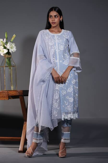 Buy_Shweta Dabas_Blue Cotton, Silk, Embroidery, Lace Round Blossom Kurta Set _Online_at_Aza_Fashions