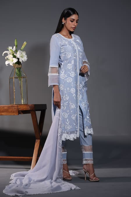 Shop_Shweta Dabas_Blue Cotton, Silk, Embroidery, Lace Round Blossom Kurta Set _Online_at_Aza_Fashions
