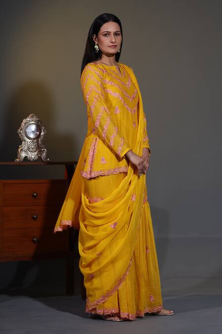 Shweta Dabas Yellow Cotton, Organza Embroidery, Cut Work Bloom Vine Kurta And Gharara Set Online at Aza Fashions Shweta Dabas_Yellow Cotton, Organza Embroidery, Cut Work Bloom Vine Kurta And Gharara Set _Online_at_Aza_Fashions