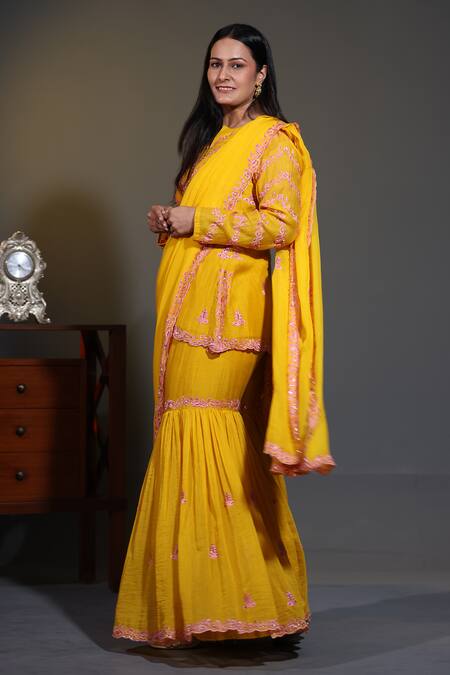 Buy Shweta Dabas Yellow Cotton, Organza Embroidery, Cut Work Bloom Vine Kurta And Gharara Set Online at Aza Fashions Buy_Shweta Dabas_Yellow Cotton, Organza Embroidery, Cut Work Bloom Vine Kurta And Gharara Set _Online_at_Aza_Fashions