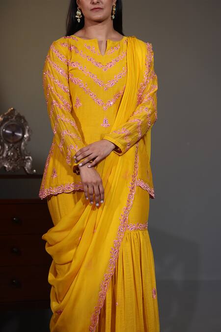 Shop Shweta Dabas Yellow Cotton, Organza Embroidery, Cut Work Bloom Vine Kurta And Gharara Set Online at Aza Fashions Shop_Shweta Dabas_Yellow Cotton, Organza Embroidery, Cut Work Bloom Vine Kurta And Gharara Set _Online_at_Aza_Fashions