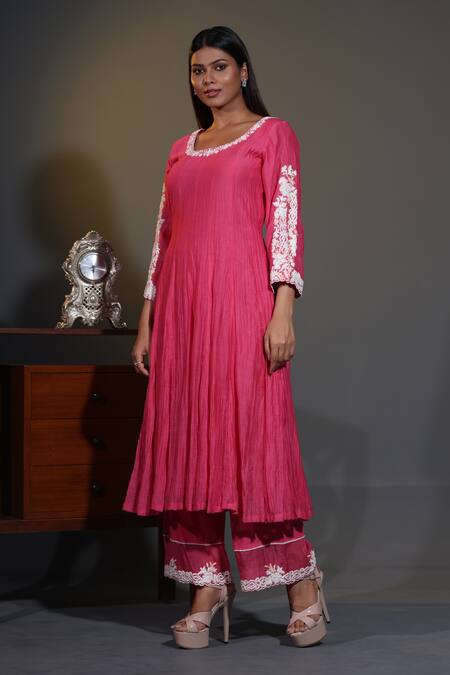 Buy_Shweta Dabas_Pink Organza, Cotton, Silk Pearls, Embroidery Round Neck Dori Anarkali Set _Online_at_Aza_Fashions