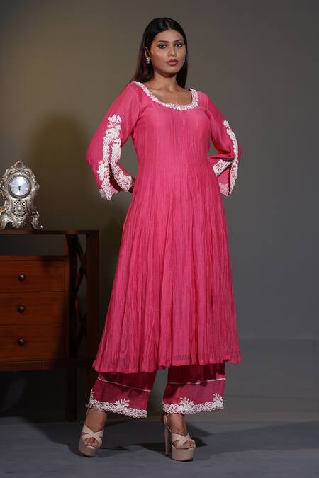Shop_Shweta Dabas_Pink Organza, Cotton, Silk Pearls, Embroidery Round Neck Dori Anarkali Set _Online_at_Aza_Fashions