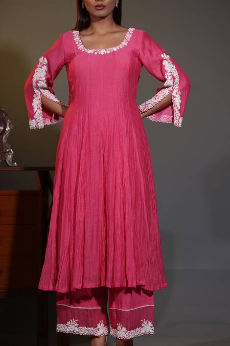 Shweta Dabas_Pink Organza, Cotton, Silk Pearls, Embroidery Round Neck Dori Anarkali Set _at_Aza_Fashions