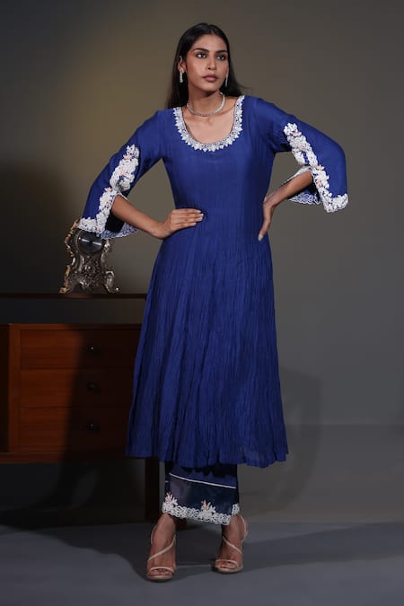 Shop_Shweta Dabas_Blue Organza, Cotton, Silk Pearls, Embroidery Round Bloom Dori Anarkali Set _Online_at_Aza_Fashions