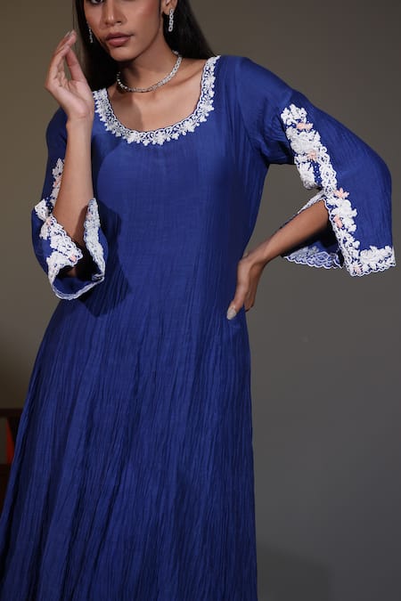 Shweta Dabas_Blue Organza, Cotton, Silk Pearls, Embroidery Round Bloom Dori Anarkali Set _at_Aza_Fashions