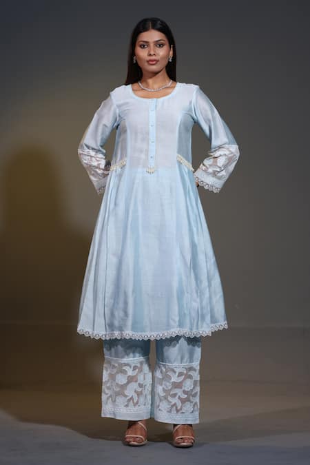 Shweta Dabas_Blue Cotton, Organza, Chanderi Silk Pearls, Cut Work Drop Embellished Kurta Set _Online_at_Aza_Fashions