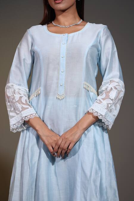 Shop_Shweta Dabas_Blue Cotton, Organza, Chanderi Silk Pearls, Cut Work Drop Embellished Kurta Set _Online_at_Aza_Fashions