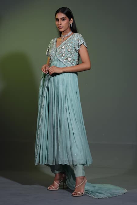 Shweta Dabas_Blue Organza, Crepe, Georgette Cut Work, Pearls, Cutdana Bloom Anarkali Set _Online_at_Aza_Fashions